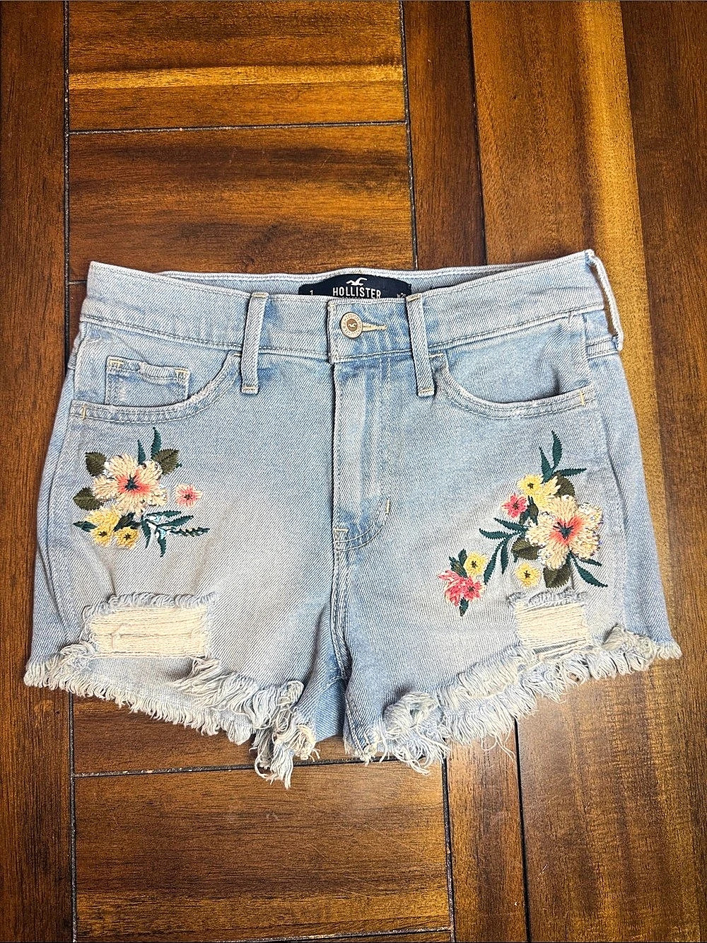 Hollister High-Rise Short-Short Embroidered Jean Shorts in Blue